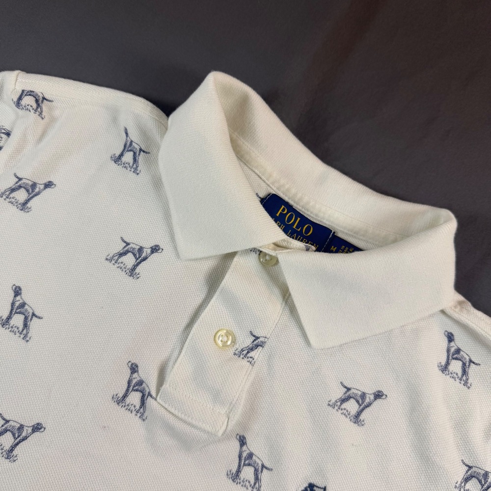 Polo Ralph Lauren Boys White Navy Dog Print Polo Shirt Size M Medium Classic Fit